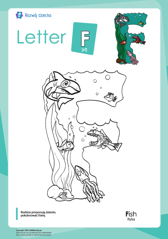Kolorowanka „Alfabet angielski”: litera „F” Kolorowanka „Alfabet angielski”: litera „F”