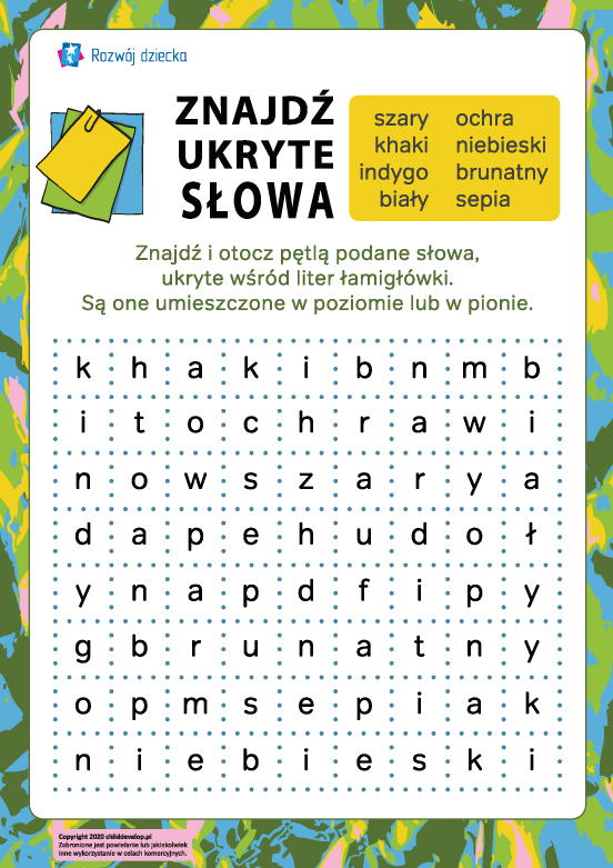 Odszukaj ukryte słowa: kolory Odszukaj ukryte słowa: kolory
