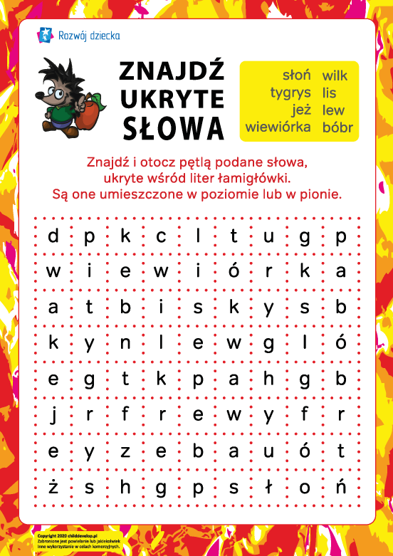 Odszukaj ukryte słowa: dzikie zwierzęta Odszukaj ukryte słowa: dzikie zwierzęta