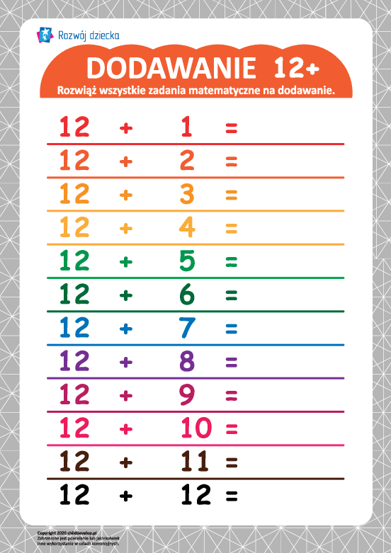 Tabliczka dodawania 12+ Tabliczka dodawania 12+