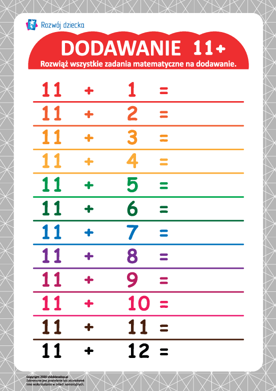 Tabliczka dodawania 11+ Tabliczka dodawania 11+