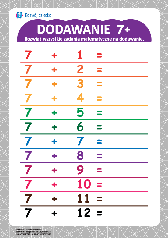 Tabliczka dodawania 7+ Tabliczka dodawania 7+