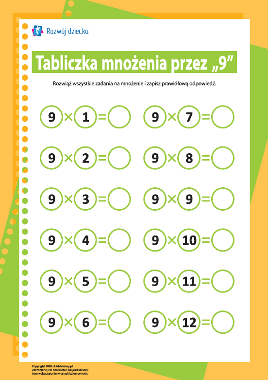 Tabliczka mnożenia liczba „9” Tabliczka mnożenia liczba „9”