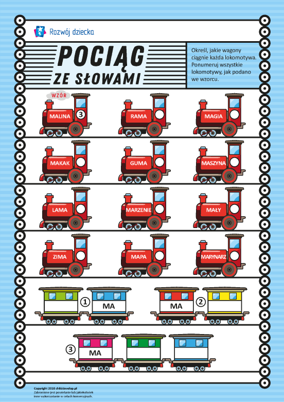 Pociąg ze słowami: podział słowa na sylaby Pociąg ze słowami: podział słowa na sylaby