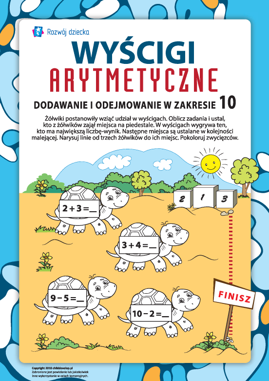 Wyścigi arytmetyczne żółwików: dodawanie i odejmowanie w zakresie 10 Wyścigi arytmetyczne żółwików: dodawanie i odejmowanie w zakresie 10