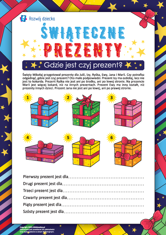 Logiczne zadanie: „Świąteczne prezenty. Gdzie jest czyj prezent?” Logiczne zadanie: „Świąteczne prezenty. Gdzie jest czyj prezent?”