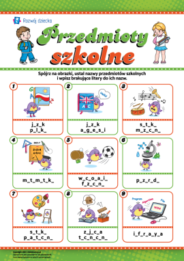 Wpisujemy brakujące litery: „Przedmioty szkolne”