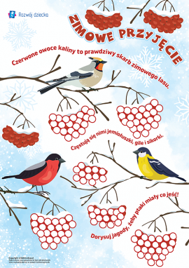 Malowanie palcami i patyczkami higienicznymi: jarzębina w zimowym lesie