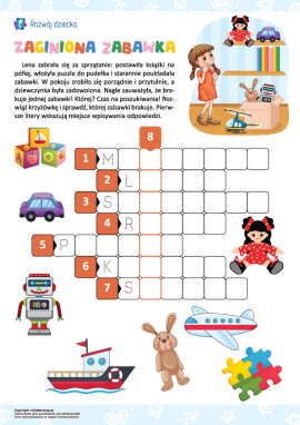 Krzyżówka obrazkowa dla dzieci w wieku 5–7 lat. Zabawki
