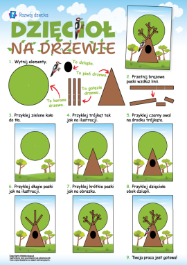 Dzięcioł na drzewie: papierowa praca plastyczna