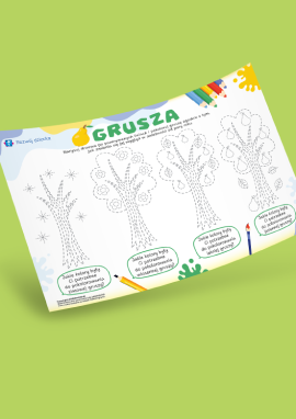 Grusza i cztery pory roku: grafomotoryczna karta pracy do pokolorowania