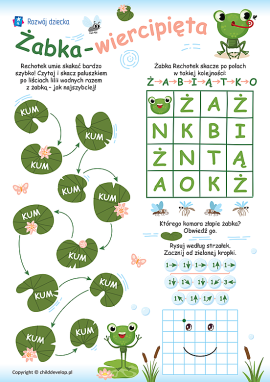 Żabka: dyktando graficzne, czytanie i łamigłówka językowa