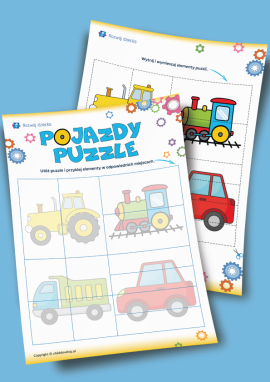 Pojazdy: puzzle do wycinania i wyklejania dla dzieci w wieku 2–3 lat