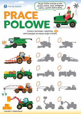 Maszyny rolnicze na farmie: znajdź cień dla dzieci w wieku 3–4 lat
