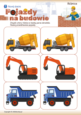 Pojazdy budowlane: znajdź różnice dla  dzieci w wieku 4–6 lat
